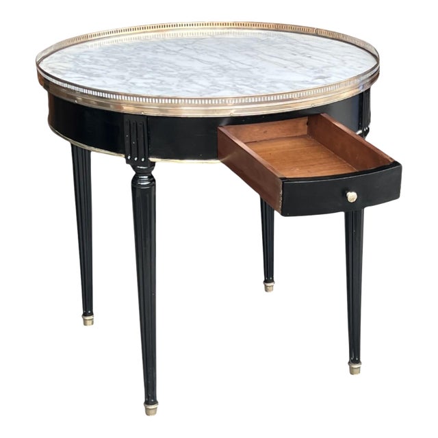 1920s French Louis XVI Parlor Table With Carrara Marble & Brass Gallery For Sale