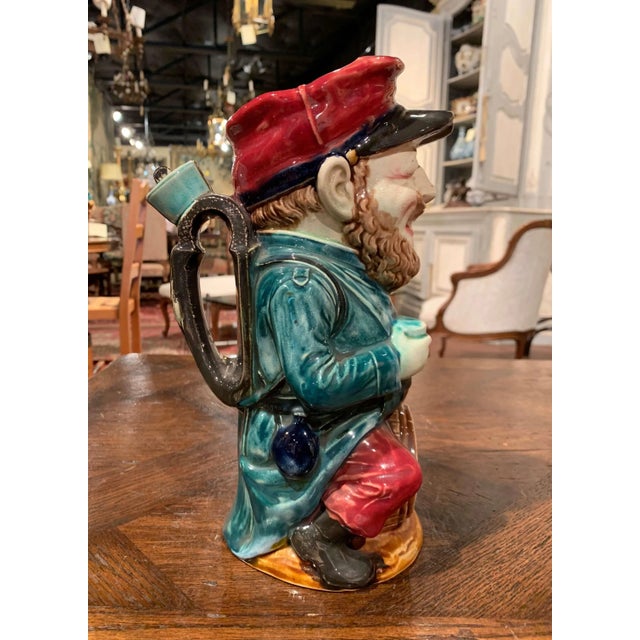 Green 19th Century French Onnaing Hand-Painted Barbotine Soldier Pitcher For Sale - Image 8 of 13