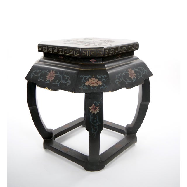 This elegant pair of Chinese Chinoiserie side table or plant stands, dating to circa 1970, features a distinctive...