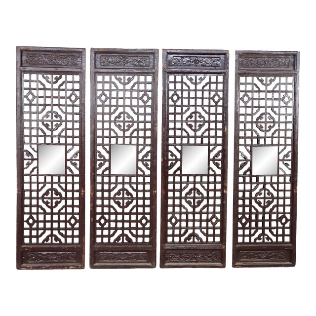 Vintage Chinese Hardwood Pierced Lattice Wall Hanging Panels Screen Chinoiserie For Sale
