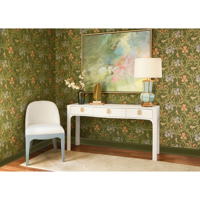 White Matthew Izzo Home Sabrina Textured White Linen Curved Front, Three Drawer Console Table With Glass Top and Satin Brass Ring Hardware For Sale - Image 8 of 9