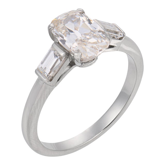 Mid Century Gia 1.52 Carat Old Mine Cut Diamond Platinum Engagement Ring, Size 6.25 For Sale