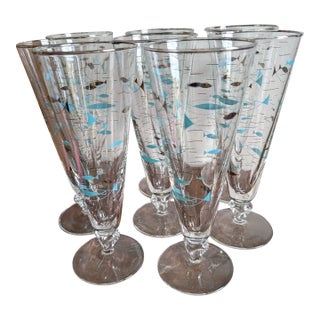 Vintage Mediterranean Atomic Fish Pilsner Glasses by Libbey ~ Set of 8 ~ Mid-Century Modern, Aqua Blue and Black With Platinum Trim For Sale