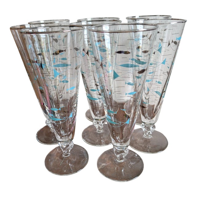 Vintage Mediterranean Atomic Fish Pilsner Glasses by Libbey ~ Set of 8 ~ Mid-Century Modern, Aqua Blue and Black With Platinum Trim For Sale