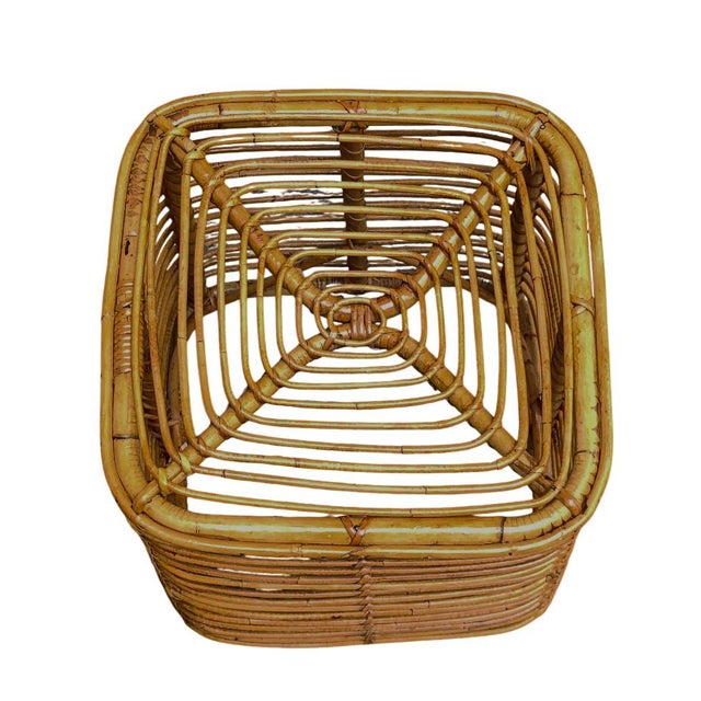 Gorgeous pair of square stools completely made of curved rattan and hand-woven wicker. This Côte d'Azur style stool was...