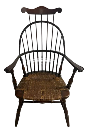 Mid 20th Century B&s Co Windsor Comb Back Arm Chair W/ Rush Woven Seat