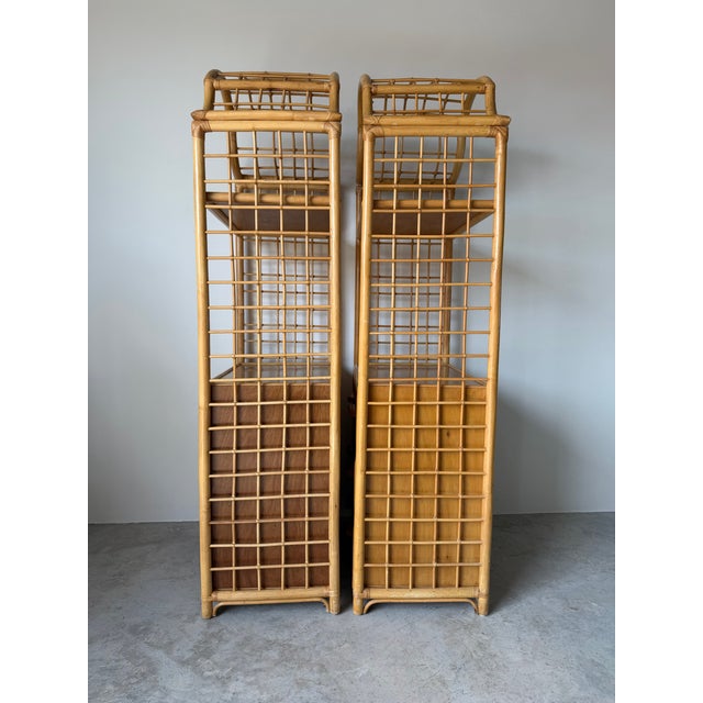 Mid-Century Modern Vintage Coastal Pagoda-Style Rattan Etagères With Three Drawers – A Pair For Sale - Image 3 of 12