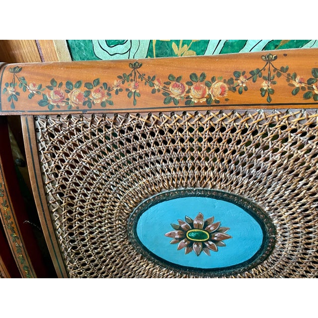 Wood Edwardian Satinwood Painted Cane Back Open Arm Settee For Sale - Image 7 of 12