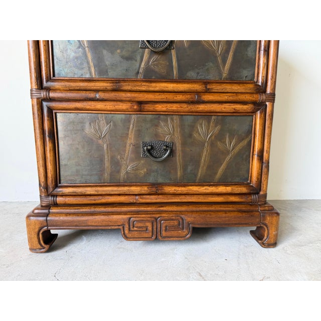 Vintage Chinese Faux Bamboo Two-Drawer Nightstand With Bronze Bamboo Relief Panels For Sale - Image 4 of 12