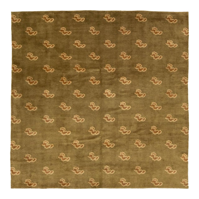 Modern Tibetan Green Rug Made From Wool and Silk Featuring an Art Deco Design For Sale