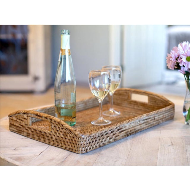Wood Artifacts Rattan Rectangular Serving Tray with High Handles in Honey Brown - 21" For Sale - Image 7 of 10