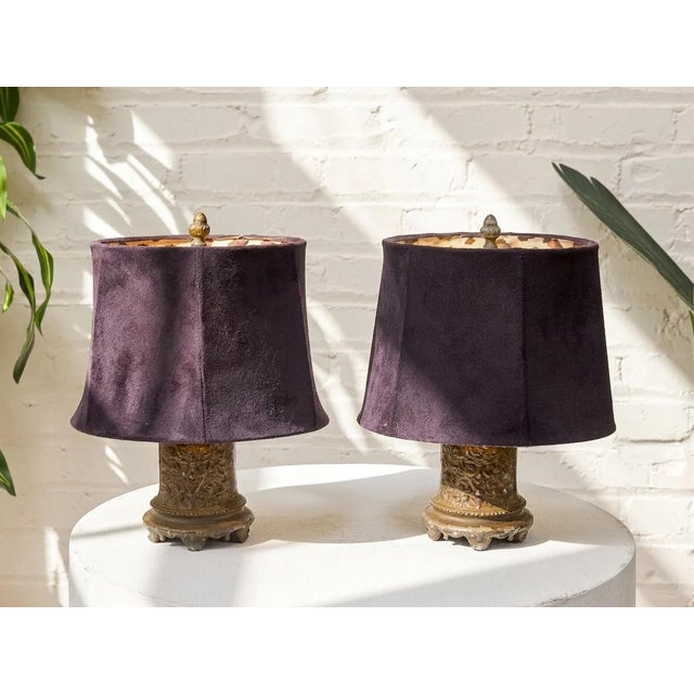 Vintage Ornate Table Lamps With Velvet Shades - Pair For Sale - Image 4 of 6
