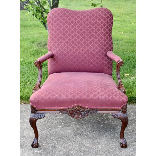 Vintage (1980's) Arm Chair - Library Chair has a Chippendale Style. The Wood is Mahogany. Carved Wood. Claw Foot. The...