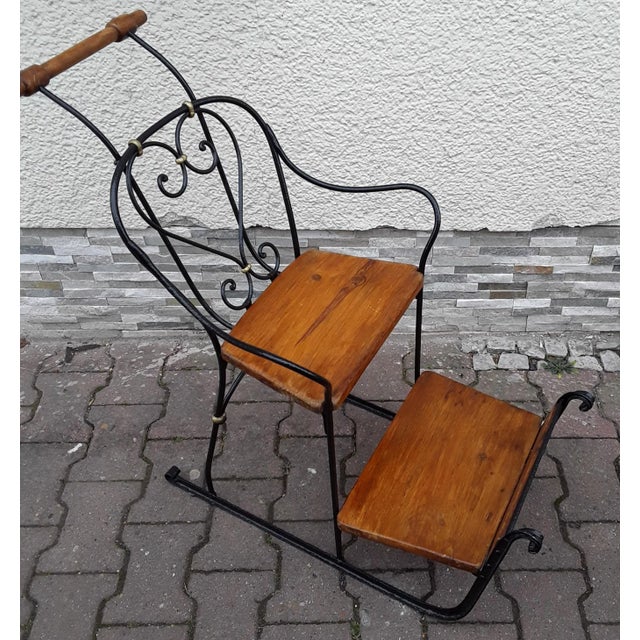 German Child's Carriage Seat with Wrought Iron Frame, Spruce Wood Handle and Spruce Wood Panels, 1900s For Sale - Image 5 of 8