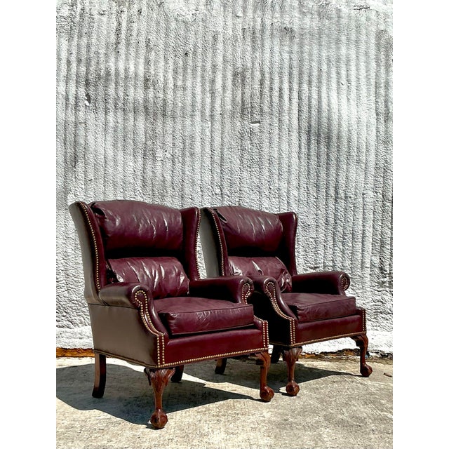English Vintage Regency Merlot Leather Wingback Chairs - A Pair For Sale - Image 3 of 10
