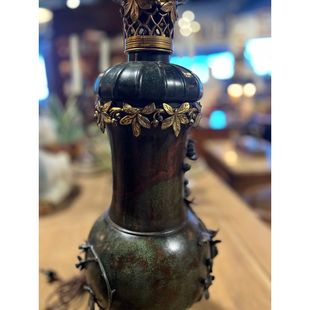 Antique Pair Japanese Patinated Bronze Vases Mounted as Lamps For Sale - Image 9 of 9