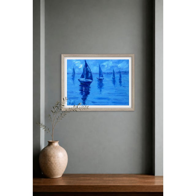Textile Original Oil Painting – Blue Silence - Sailboats For Sale - Image 7 of 9