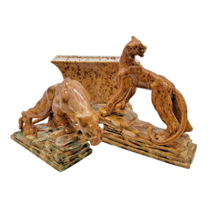 1940s Royal Haeger Tiger Leopards and Planter Centerpiece Set- 3 Pieces