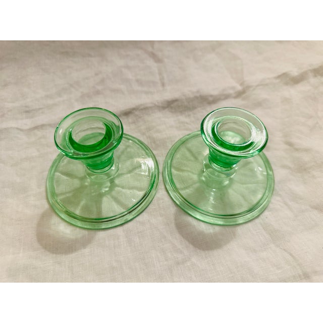 Victorian Vintage Pair of Light Green Depression Glass Pillar Holders For Sale - Image 3 of 4