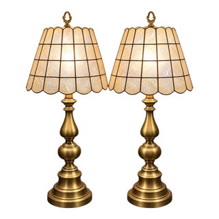 Vintage Brass Capiz Shell Lamp Set For Sale
