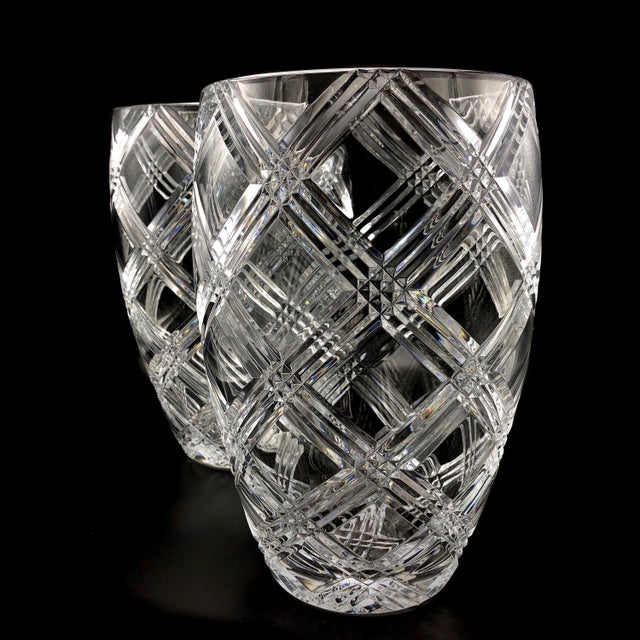 Hollywood Regency Oversized Crystal Hurricane Pair, Crisscross Cut | 16 Inch Tall, Vintage Tablescape For Sale - Image 3 of 4