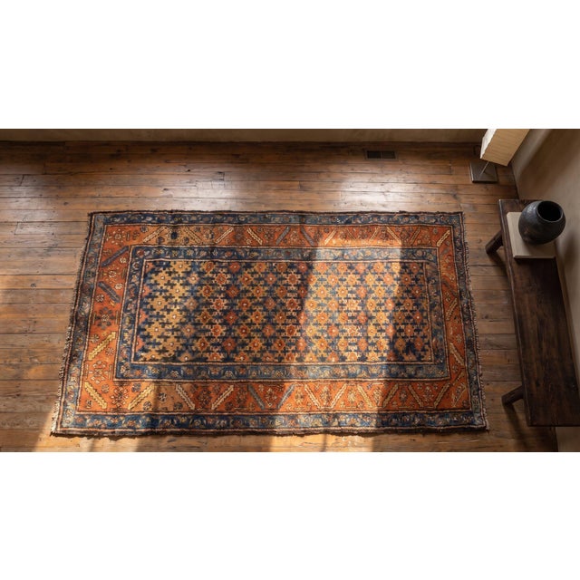Early 20th Century 1900s Blue Navy Geometric Antique Nw Persian Rug 3'6" X 7'8" Handmade Wool Carpet For Sale - Image 5 of 7