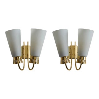 1950s Mauri Almari Model #Ey60 Brass & Glass Double Sconces for Itsu, Unmarked - a Pair For Sale