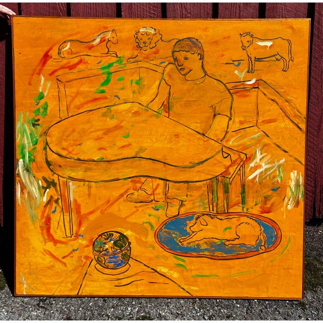 Vintage large abstract painting in orange by Lynda Britton. Signed and dated on the back.