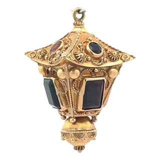 18k Lantern Fob Pendant Yellow Gold Multicolor Gems Vintage For Sale