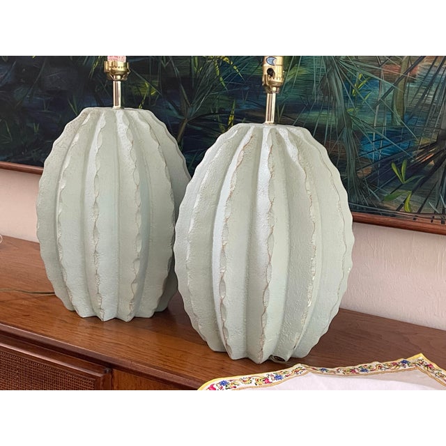 Mid-Century Modern Postmodern Sculptural Ribbed Cactus Form Celadon Plaster Table Lamps by Alsy 19.5” - A Pair For Sale - Image 3 of 11