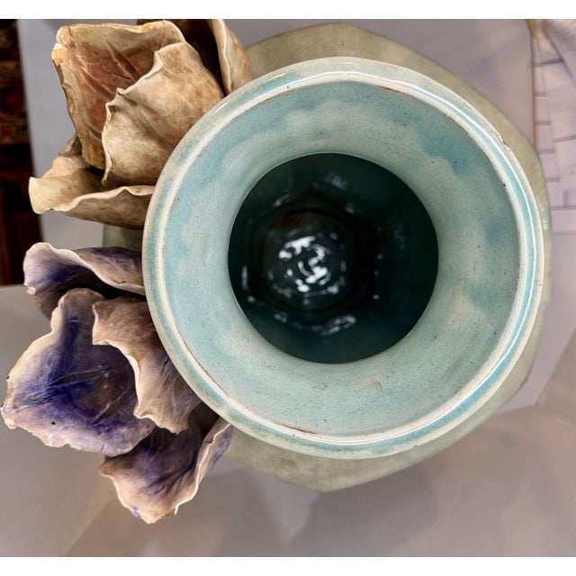 Green Impressive Statement! Antique Art Deco Faience Majolica Vase Decorated With Sculpted Delicate Flowers For Sale - Image 8 of 16