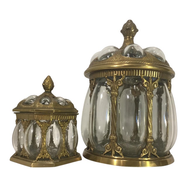 Vintage Baroque Brass & Hand Blown Bubble Glass Lidded Apothecary Jars