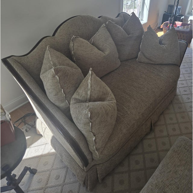 Guy Chaddock Loveseat. 5 pillows included. 41.5 inches is the highest point of loveseat. 64.5 inches wide in the back. 70...