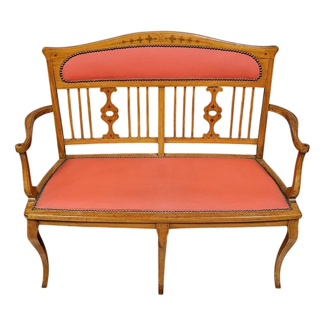 Art Nouveau Bench in Light Wood and Marquetry, 1900 For Sale