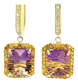 12.54 Carat Ametrine Sapphire Diamond Yellow Gold Drop Earrings - 2 Pieces