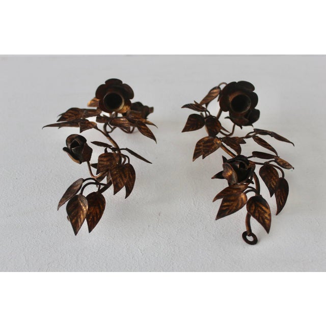 Late 20th Century Hans Kögl Style Gilded Flowers Stems Leaves Wall Mount Candle Holders Sconces - a Pair For Sale - Image 17 of 18
