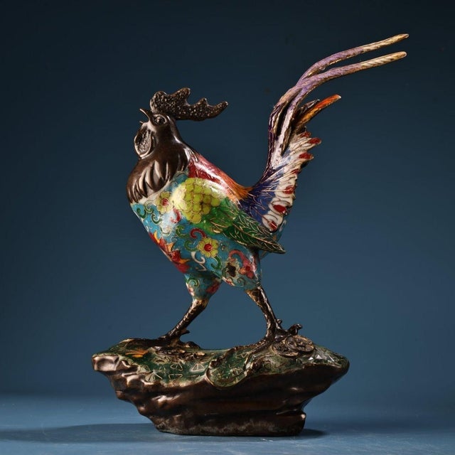 Chinese Vintage Chinese Cloisonné Enamel & Gilt Bronze Rooster Sculpture on Stand For Sale - Image 3 of 10