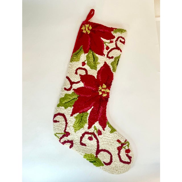 Farmhouse 1980s Vintage Americana Boho Chic Needlepoint Christmas Poinsettia Stocking. For Sale - Image 3 of 8