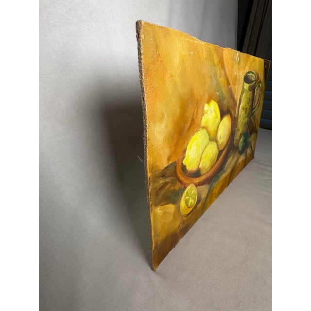 Vintage Mid Century Traditional Expressionist Still Life Original Oil Painting on Board, Yellow, Green & Goldenrod For Sale - Image 4 of 12