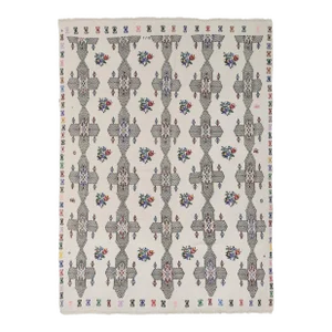 Vintage Oriental Floral Embroidery Jajim Kilim Rug 5'11" X 7'5"