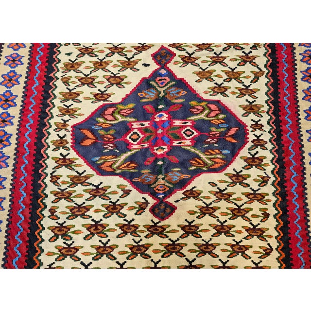 Vintage Persian Senneh Kilim Area Rug, Handwoven Wool, Floral Pattern, Ivory & Red, 3x5 For Sale - Image 9 of 15