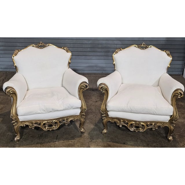 Rococo Early 20th Century Pair Italian Rococo Style Giltwood Armchairs Cream Colored Muslin Fabric For Sale - Image 3 of 11