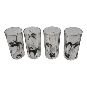 Vintage Art Deco Style Set Four Glasses Tumblers Clear W/Black Dog Silhouettes