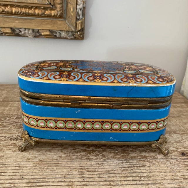 Limoges, France Antique French Large Handpainted Turquoise and Pink Porcelain Dresser Box For Sale - Image 4 of 12