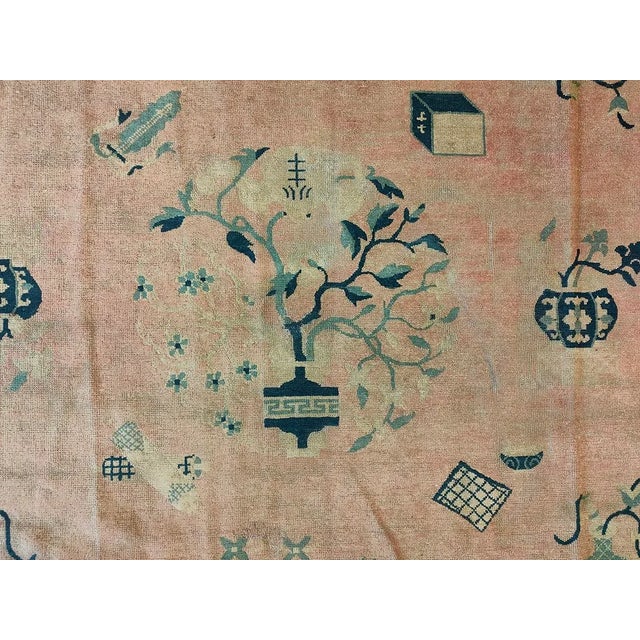 Textile 1890s Rose Pink Floral Vase Qing Antique Chinese Peking Carpet 6'6''x 8'4'' Knotted Wool Rug For Sale - Image 7 of 9