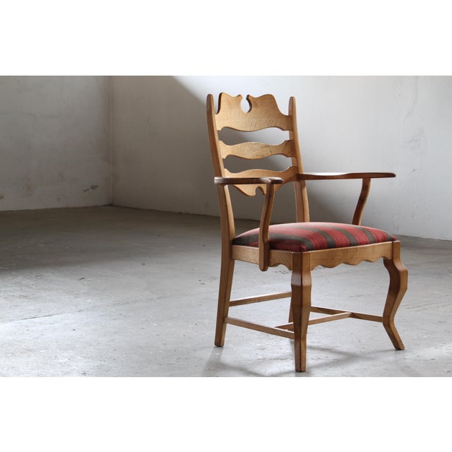 Vintage Brutalist Oak Razorblade Red Striped Armchair attributed to H. Kjærnulf, 1960s For Sale - Image 4 of 18