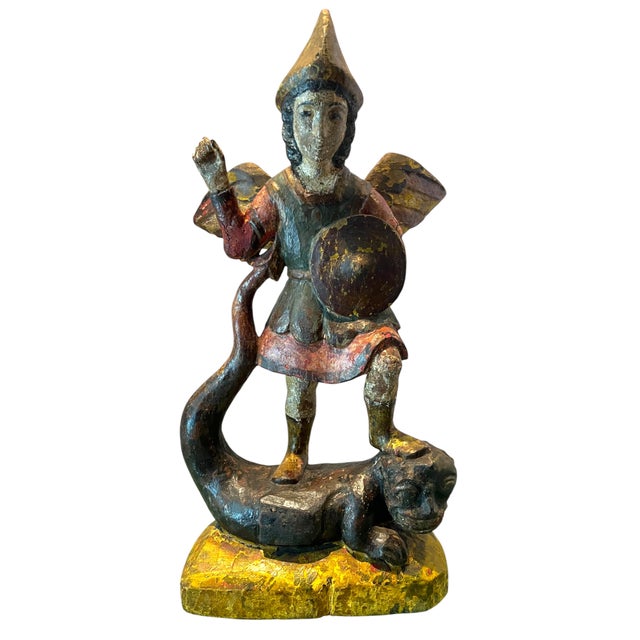 18th Century Spanish Polychrome Wood Carving of St. Michael For Sale - Image 9 of 12