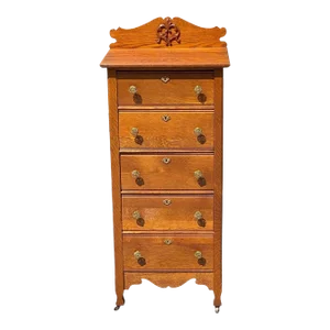 Late 19th Century Antique Victorian Oak Five Drawer Lingerie Chest With Scrolled & Carved Gallery