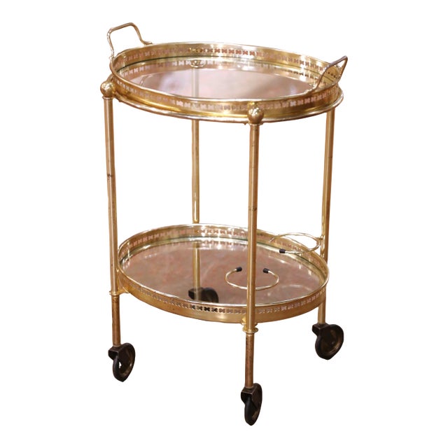 Mid-Century French Brass and Glass Two-Tier Bar Cart on Casters For Sale