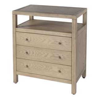 Nora 27 in. W Rectangular Wood 3 Drawer Tall Nightstand with Open Shelf on Top, Light Oak For Sale
